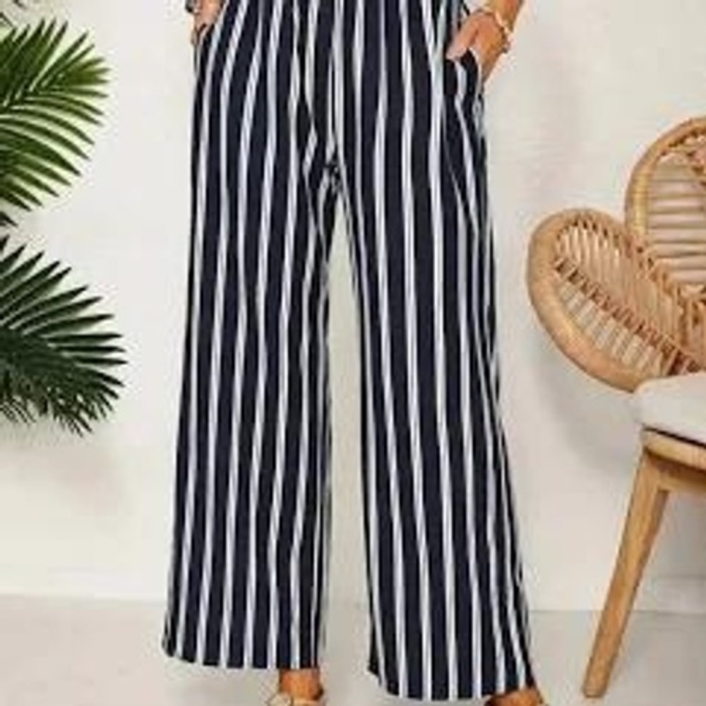 Elsie & Zoey Pants Striped Tie Waist Wide Leg Size L/XL Navy Blue Coastal Retro